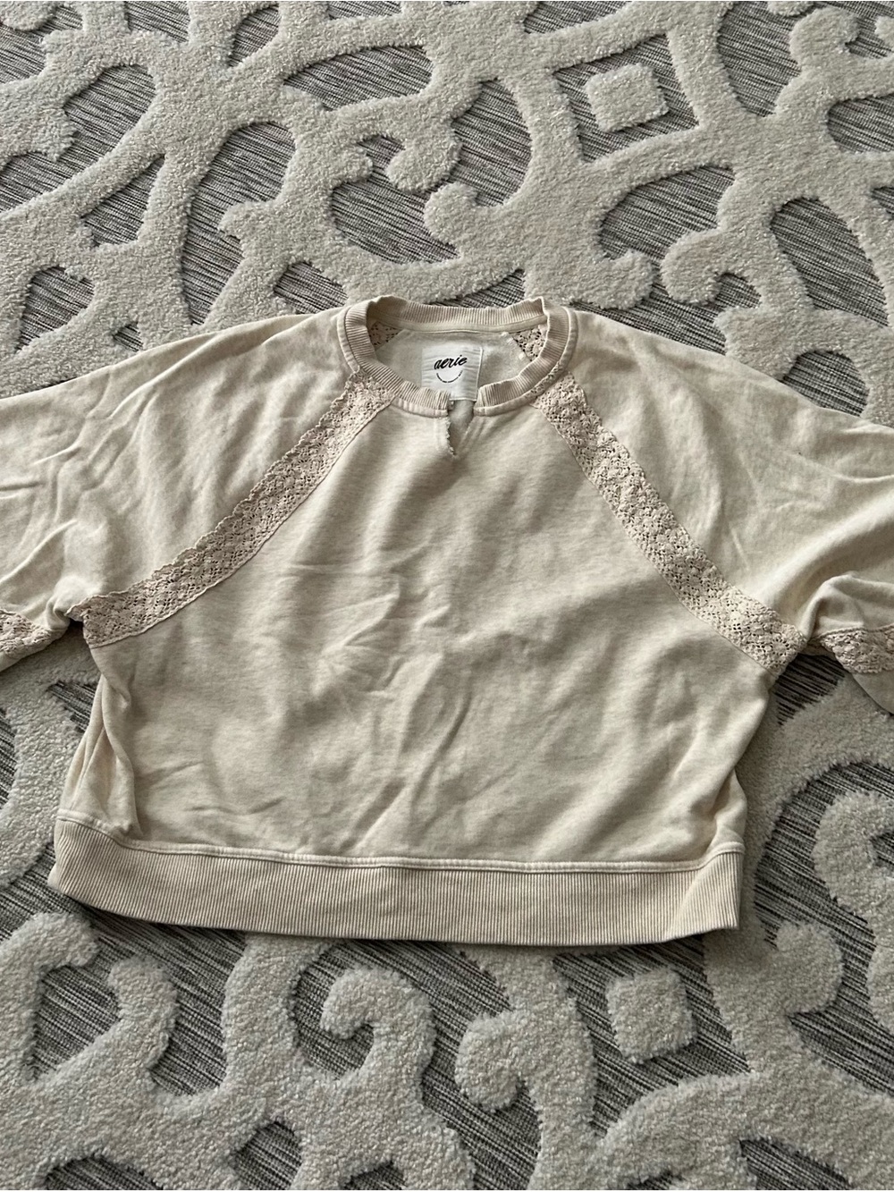 aerie Cream Cropped Sweatshirt with Lace-Trim